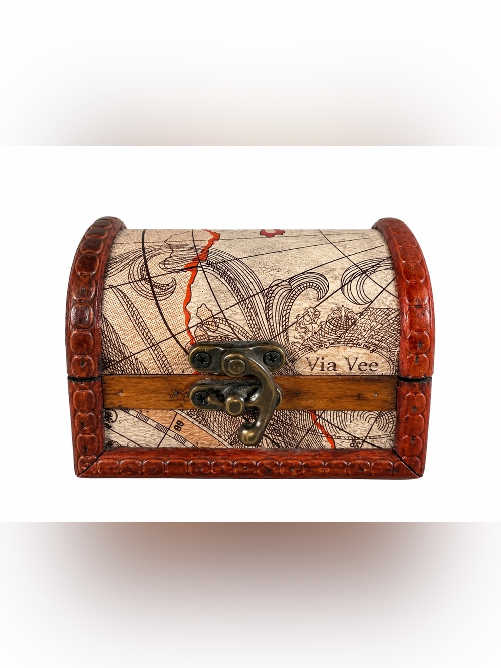 Small Decorative Wooden Treasure Chest Map Print Keepsake Jewelry Trinket Box